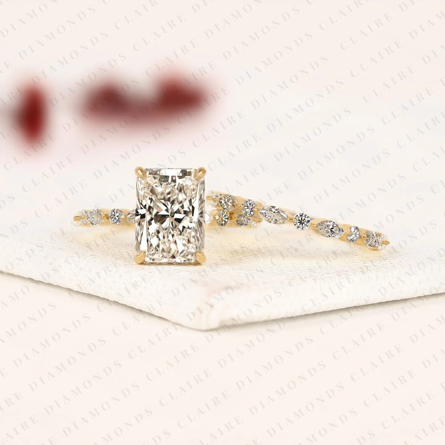 designer radiant cut lab grown bridal ring set with marquise and round diamond accents
