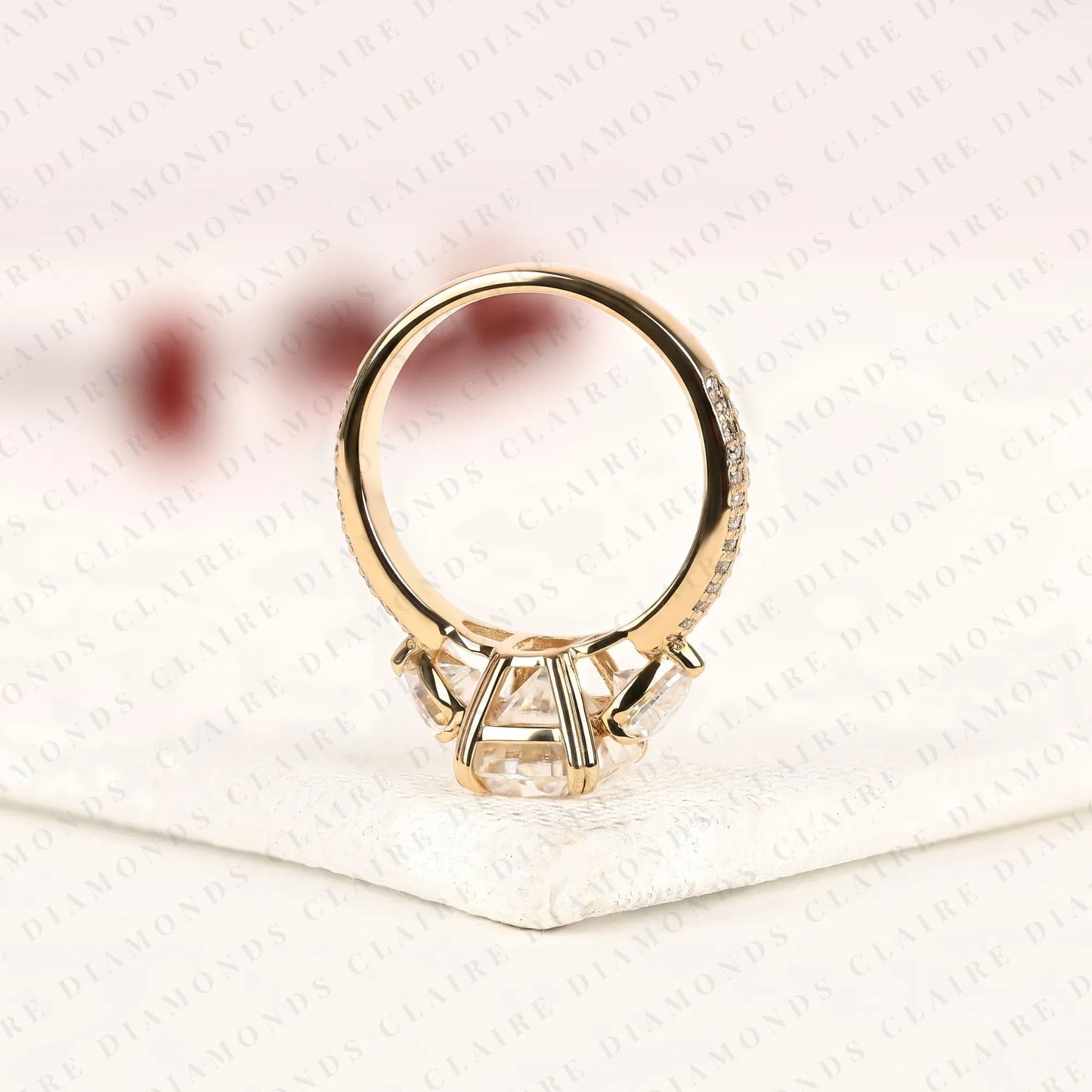 cushion cut three stone moissanite diamond engagement ring trillion side stone diamond ring split shank pave ring