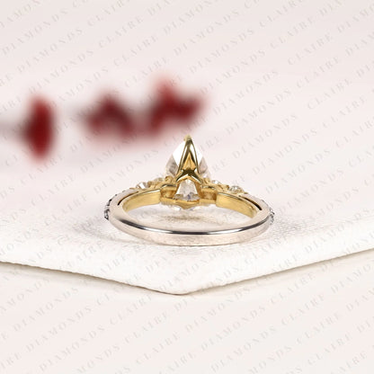 Pear Cut Moissanite Diamond Engagement Ring in Two Tone Gold Shoulder Ring with Round Diamond Accents