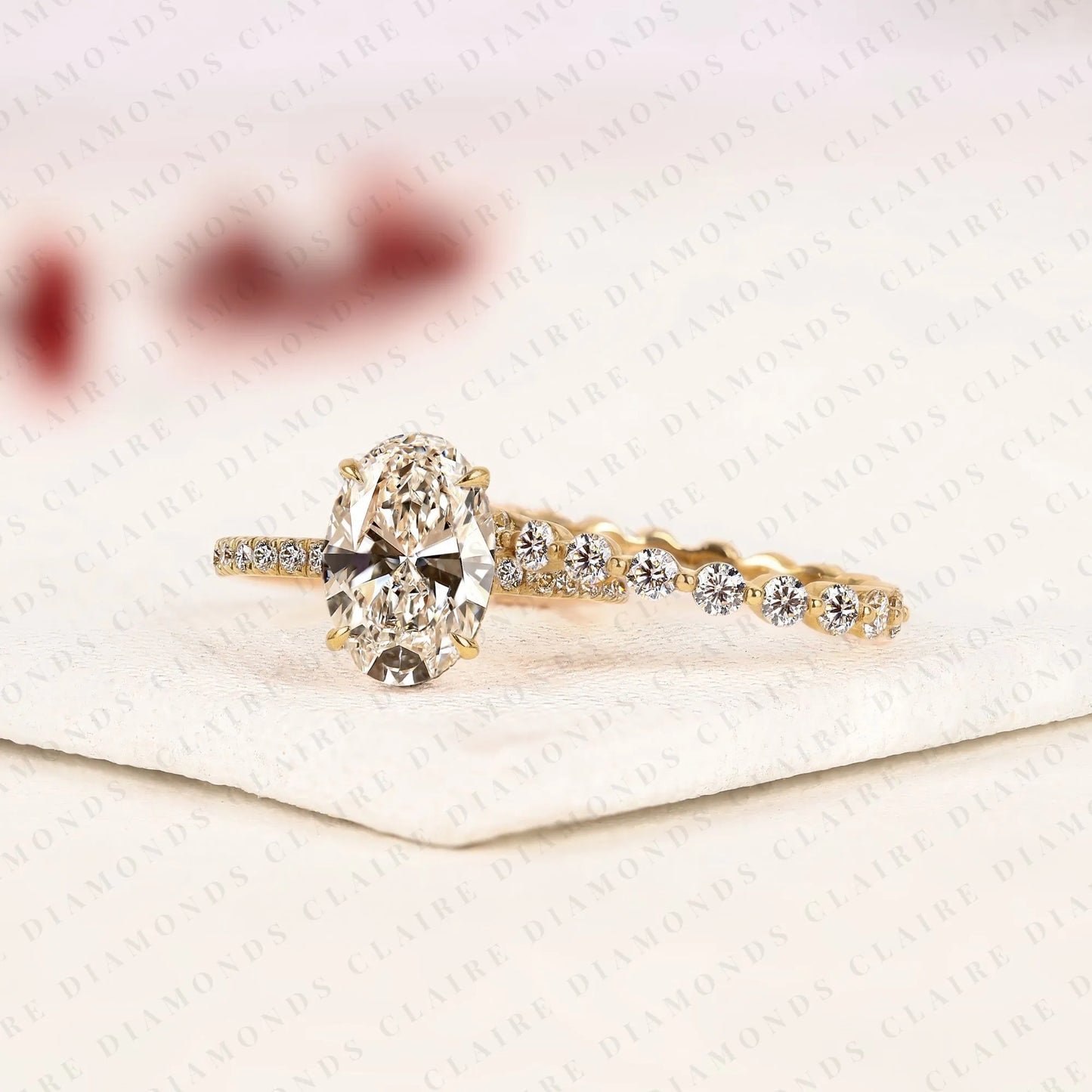 oval cut lab grown diamond engagement ring hidden halo with matching diamond band ring for her