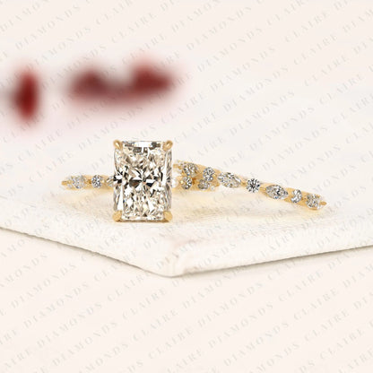 Designer Radiant Cut Moissanite Bridal Ring Set with Marquise and Round Diamond Accents