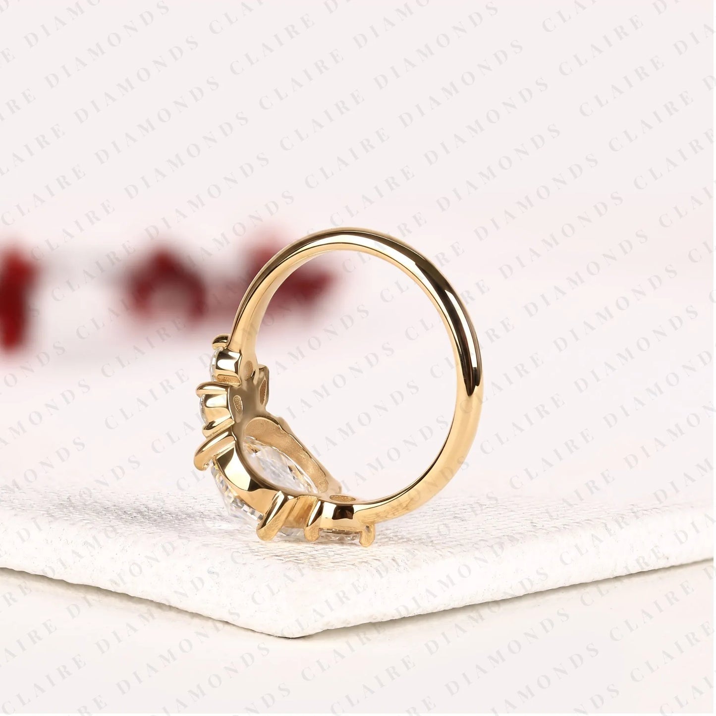 round rose cut lab grown diamond ring, unique engagement ring with round & marquise side stones, floral cluster gold ring