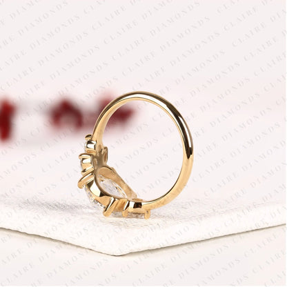 Round Rose Cut Lab Grown Diamond Ring, Unique Engagement Ring With Round & Marquise Side Stones, Floral Cluster Gold Ring