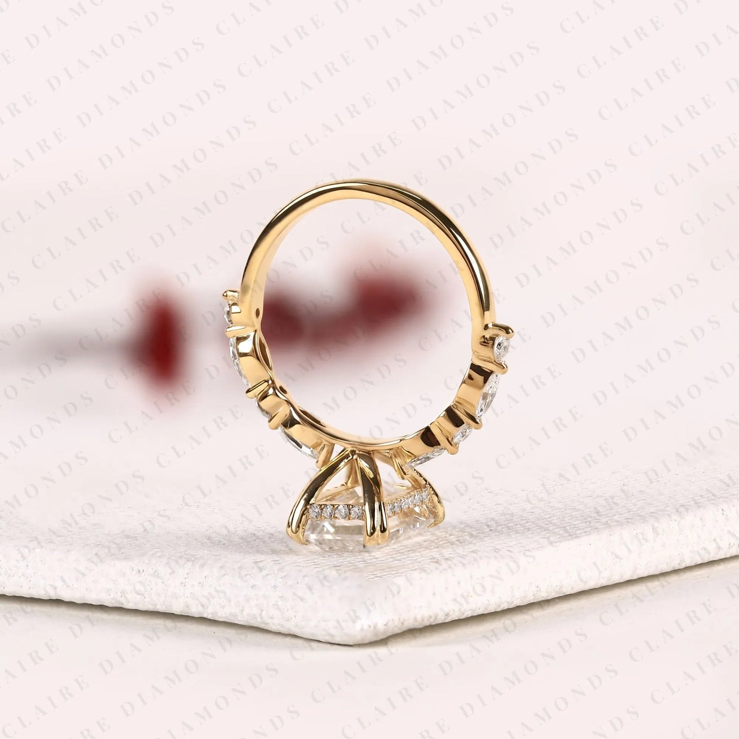 criss cut lab grown diamond engagement ring, hidden halo gold ring with marquise & round accent.