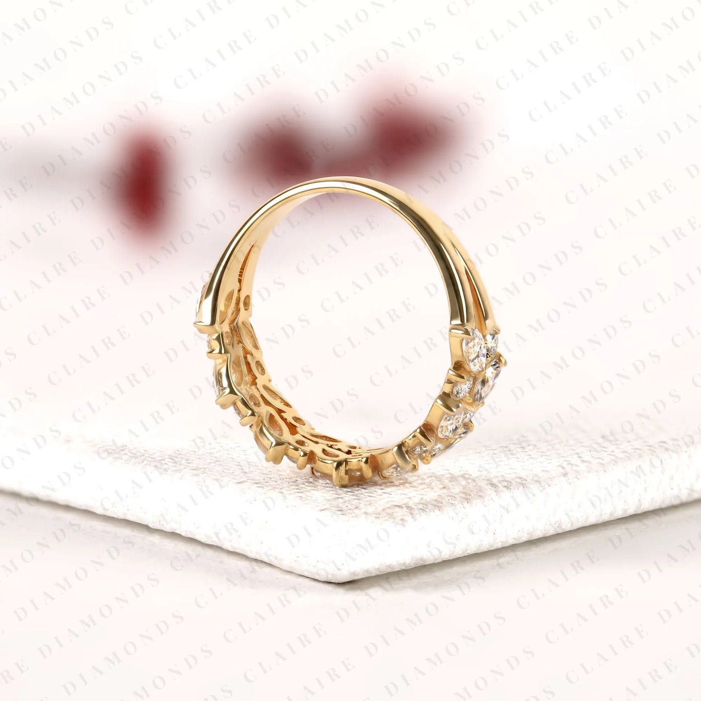 1.50 tcw marquise & round cut moissanite diamond nature inspired gold band ring half eternity wedding band