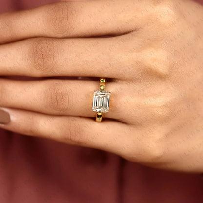 Emerald Cut Lab Grown Diamond Engagement Ring Yellow Gold Floral Band Vintage Inspired Nature Ring with Green Accent Details