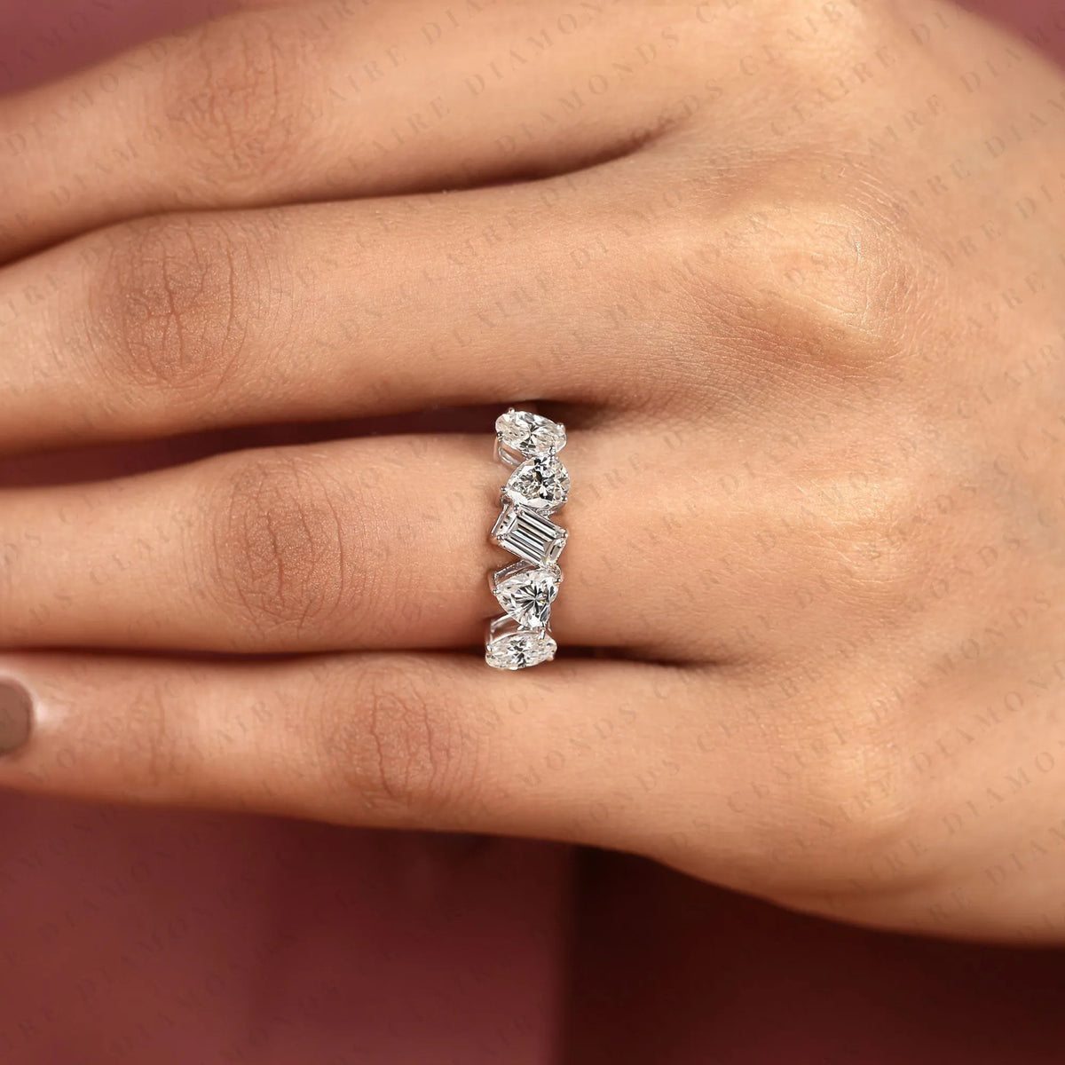 1.60 tcw mixed cut band emerald & pear & oval & heart lab grown diamond half eternity wedding band unique stackable band