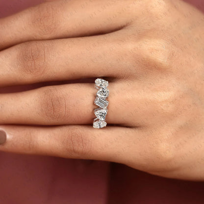 1.60 TCW Mixed Cut Band Emerald & Pear & Oval & Heart Lab Grown Diamond Half Eternity Wedding Band Unique Stackable Band
