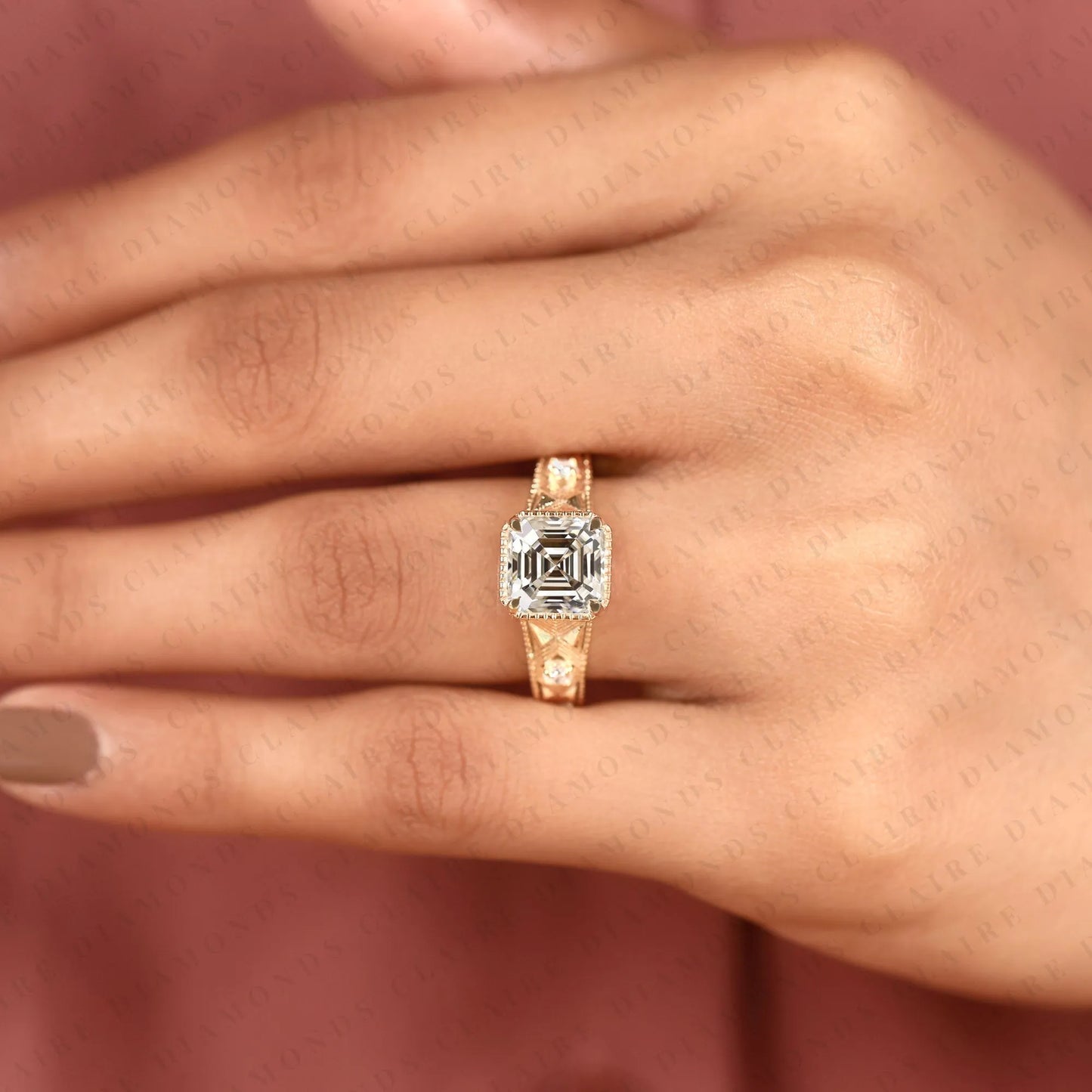 asscher cut moissanite diamond ring with round side stone, vintage engraved art deco band engagement ring solid gold gift.