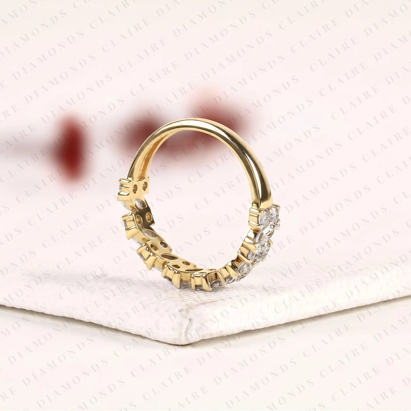 1.12 tcw marquise & round cut moissanite diamond half eternity wedding band yellow gold alternating band