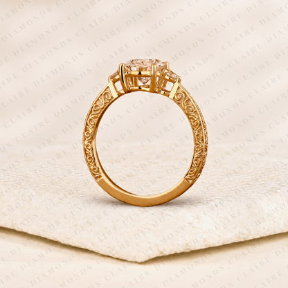 Oval Cut Lab Grown Diamond Ring Vintage Inspired Three Stone Engagement Ring with Side Diamonds Timeless Jewelry