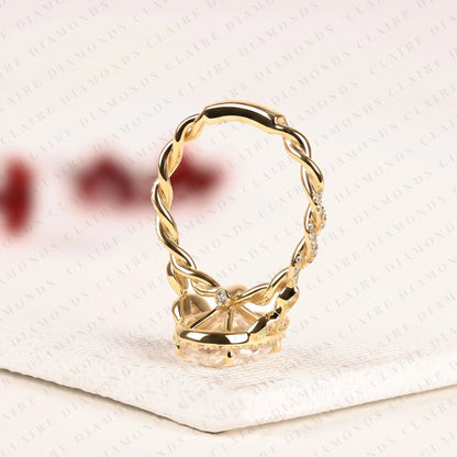 Oval Halo Moissanite Diamond Engagement Ring in Solid Gold With Twisted Vintage Band.
