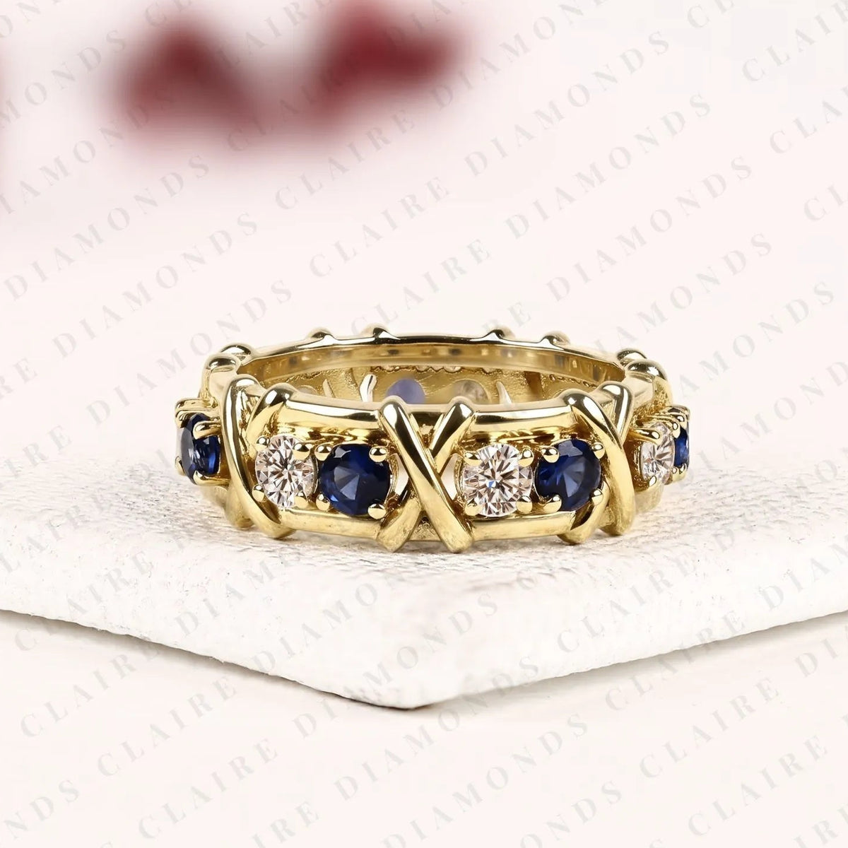 2.10 tcw round lab grown diamond band with blue sapphire accents unique gold eternity wedding ring vintage inspired stackable band for women