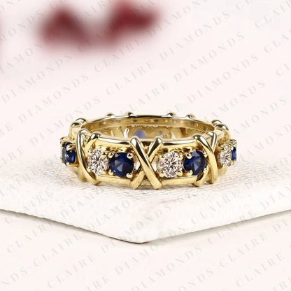 2.10 TCW Round Lab Grown Diamond Band with Blue Sapphire Accents Unique Gold Eternity Wedding Ring Vintage Inspired Stackable Band for Women
