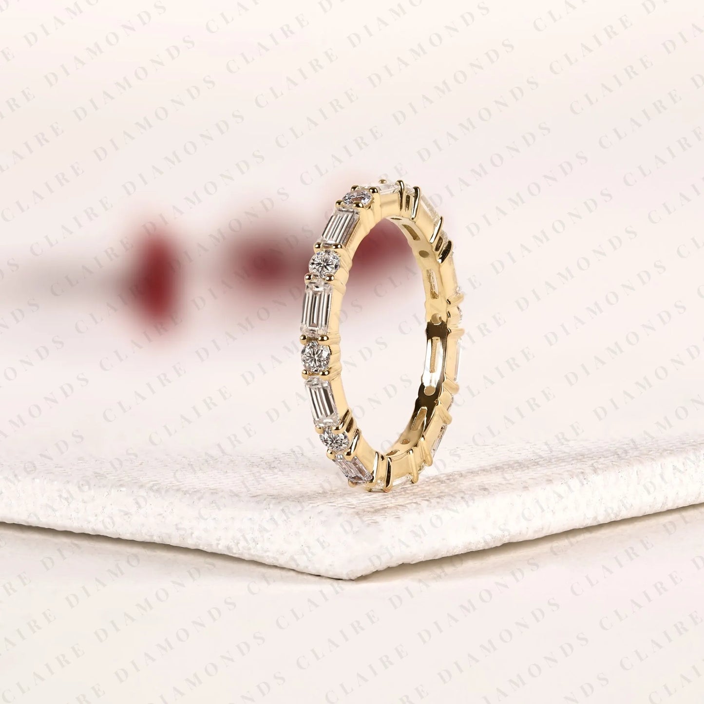 1.50 tcw baguette & round moissanite diamond eternity band in gold - stackable wedding band.