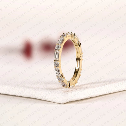 1.50 TCW Baguette & Round Moissanite Diamond Eternity Band in Gold - Stackable Wedding Band.