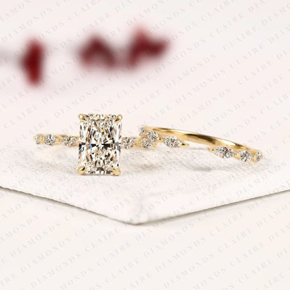 Radiant Cut Lab Grown Diamond Engagement Ring Set Yellow Gold Double Band with Pavé Side Stones Unique Luxury Bridal Ring Set