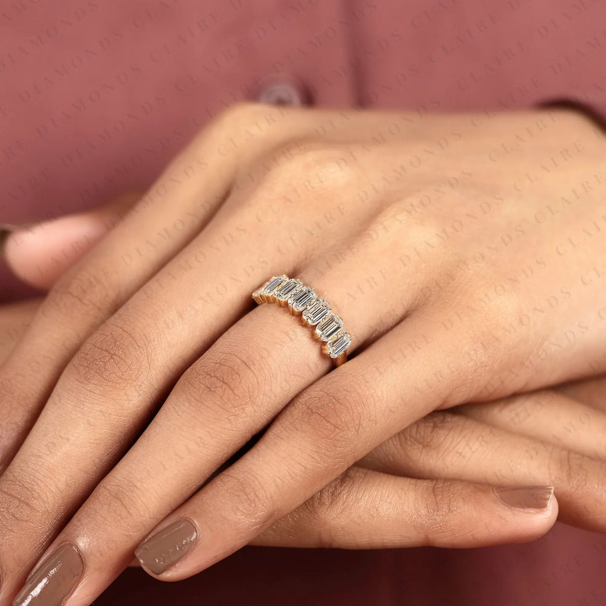 2.24 tcw emerald cut lab grown diamond half eternity wedding band | channel set emerald cut diamond | modern full eternity bridal band | elegant anniversary jewelry