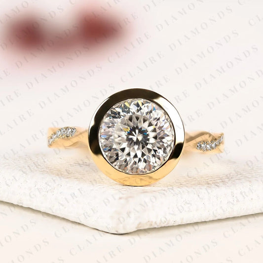 Round Moissanite Diamond Bezel Engagement Ring | Yellow Gold Nature-Inspired Twisted Diamond Band