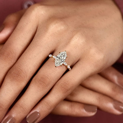 Marquise Cut Lab Grown Diamond Engagement Ring | Floral Inspired Diamond Side Stone Ring | Yellow Gold Bridal Ring | Elegant Nature Inspired Wedding Jewelry