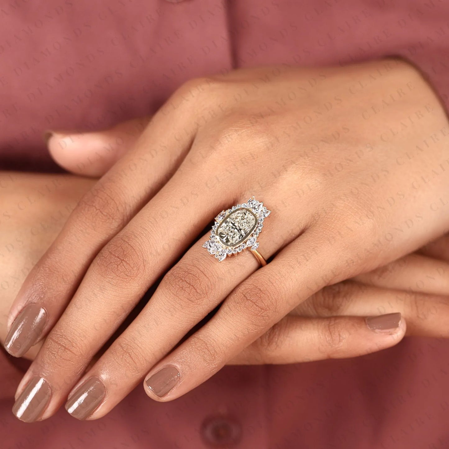 elongated cushion cut lab grown diamond halo engagement ring, yellow gold floral halo bridal ring, unique diamond ring