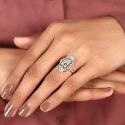 Elongated Cushion Cut Lab Grown Diamond Halo Engagement Ring, Yellow Gold Floral Halo Bridal Ring, Unique Diamond Ring