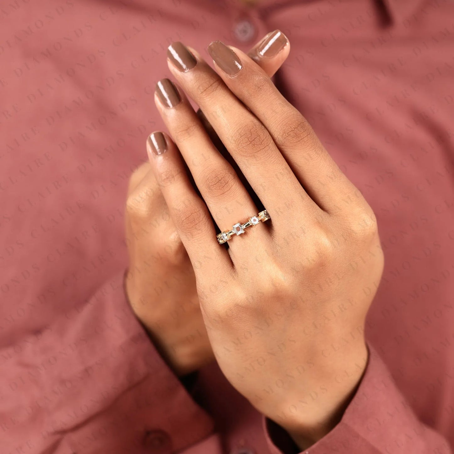 0.61 tcw octagon cut moissanite ring with round accent stones in solid gold | modern open band for women