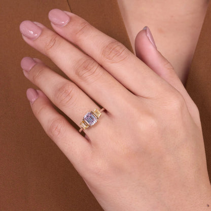 Elegant Emerald Cut Pink & Champagne Yellow Moissanite Diamond Three Stone Engagement Ring in Gold