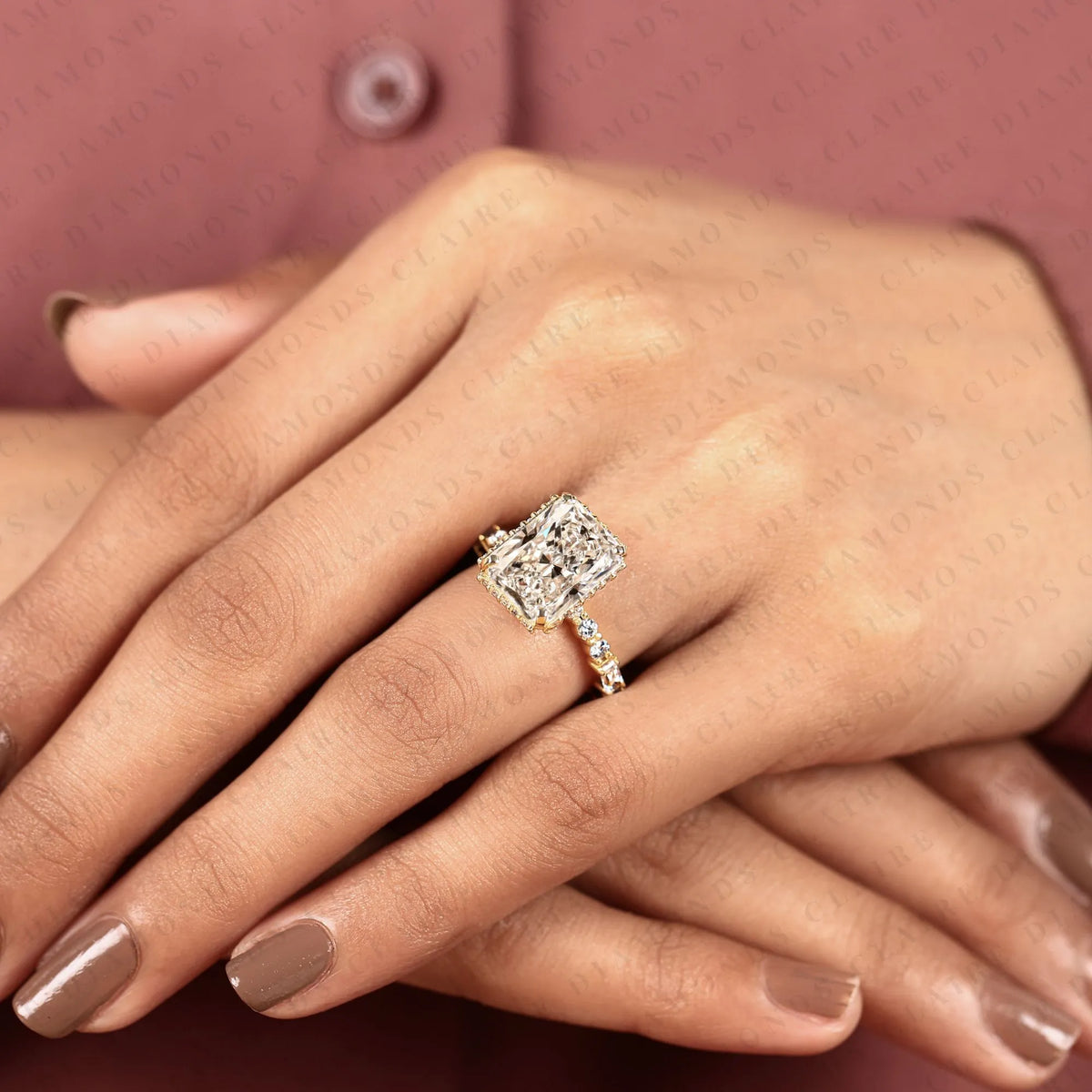 emerald cut lab grown diamond engagement ring | yellow gold pavé side stone ring | elegant modern bridal jewelry