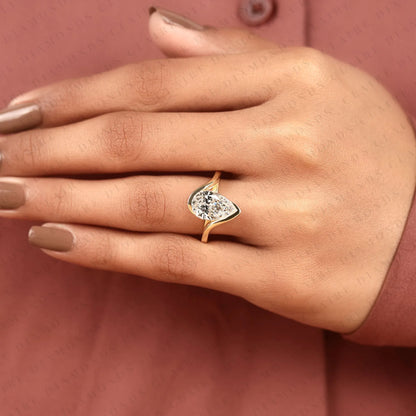 Pear Shape Lab Grown Diamond Hidden Halo Solitaire Ring with Contemporary Twist Setting