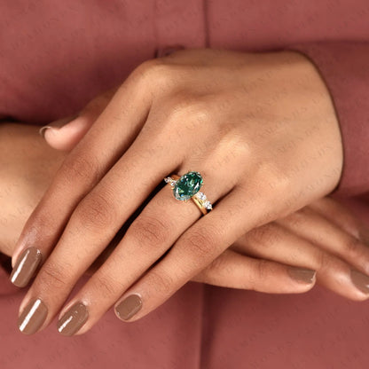 Green Oval Cut Lab Grown Diamond Ring with Marquise Side Stones, Nature Inspired Gold Engagement Ring for Women