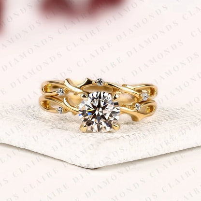 Round Cut Lab Grown Diamond Bridal Ring Set | Yellow Gold Botanical Vine Band | Nature Inspired Floral Bridal Ring | Unique Modern Wedding Jewelry