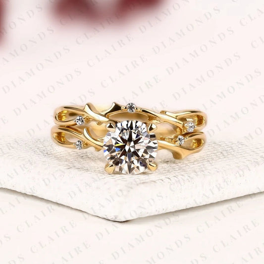 Round Cut Lab Grown Diamond Bridal Ring Set | Yellow Gold Botanical Vine Band | Nature Inspired Floral Bridal Ring | Unique Modern Wedding Jewelry