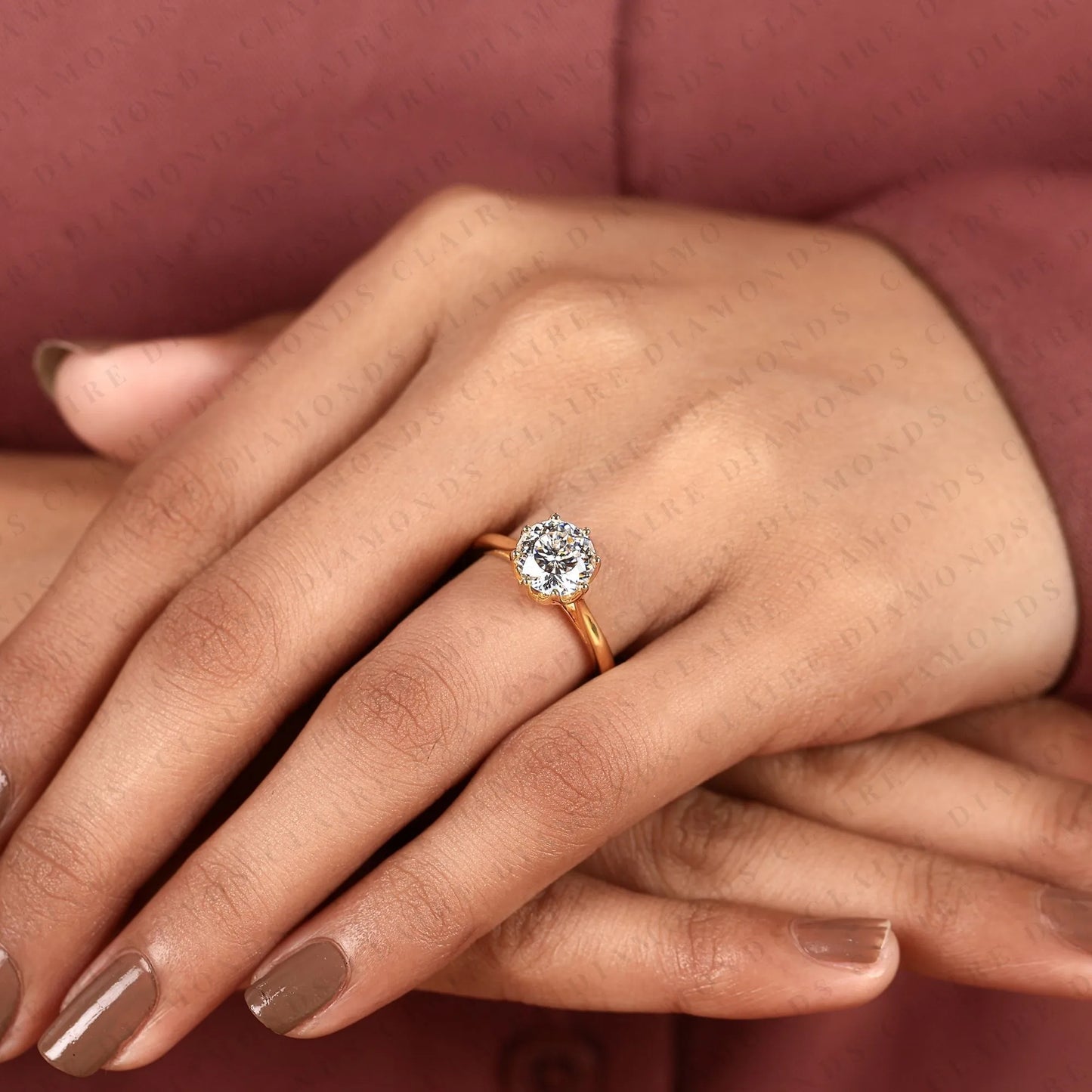 round portuguese cut lab grown diamond engagement ring, yellow gold cathedral ring, luxury anniversary gift for women
