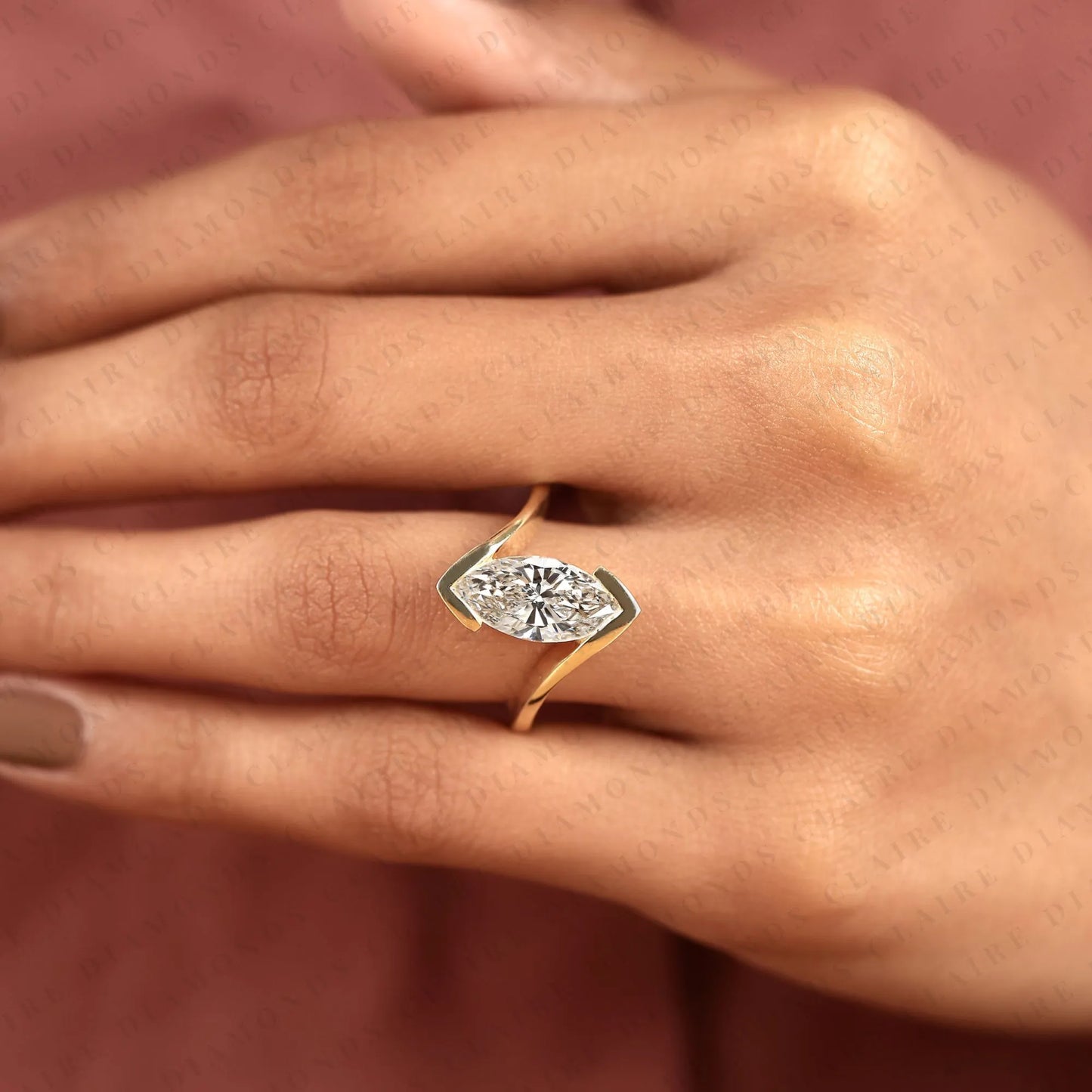 elegant marquise cut lab grown diamond bypass engagement ring in 14k yellow gold modern solitaire bridal ring