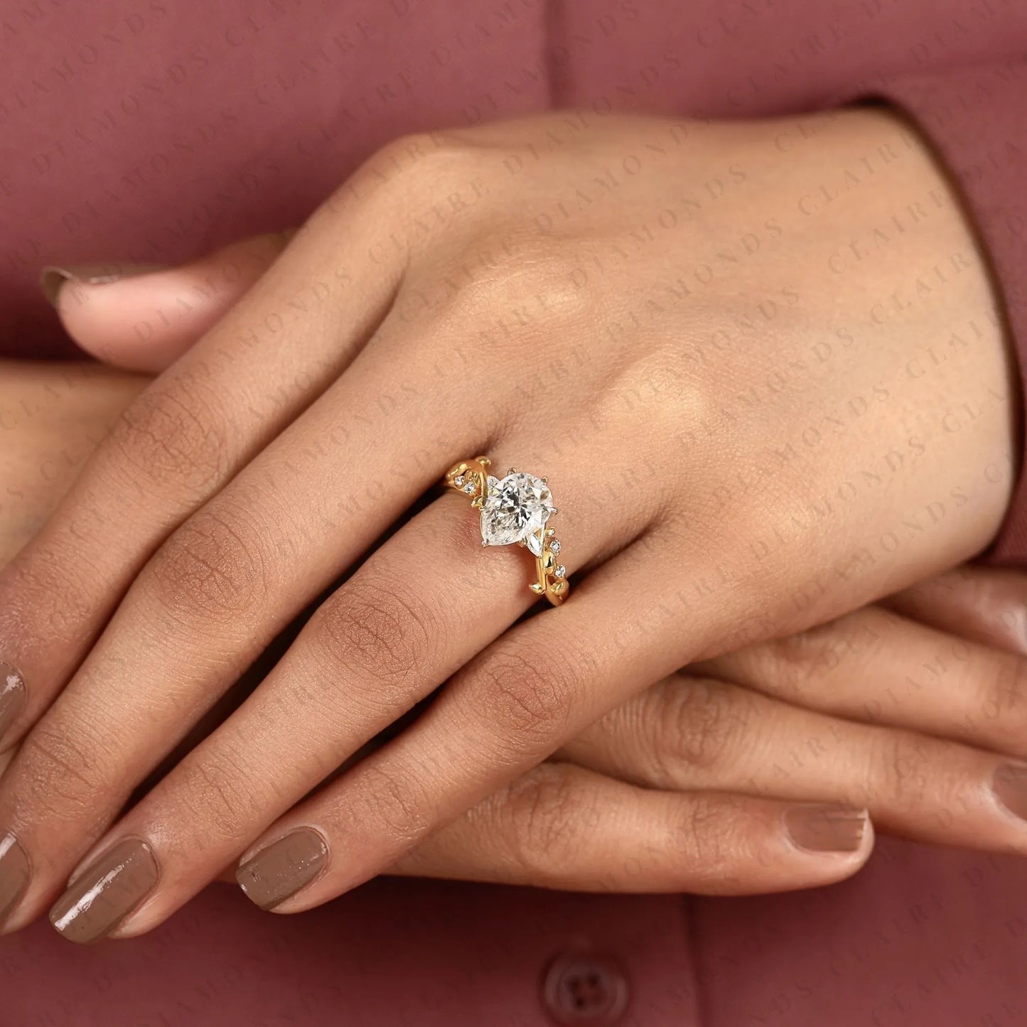 pear cut lab grown diamond engagement ring, nature inspired vine band, yellow gold floral bridal ring, unique wedding ring for women