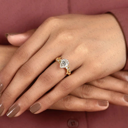 Pear Cut Lab Grown Diamond Engagement Ring, Nature Inspired Vine Band, Yellow Gold Floral Bridal Ring, Unique Wedding Ring for Women