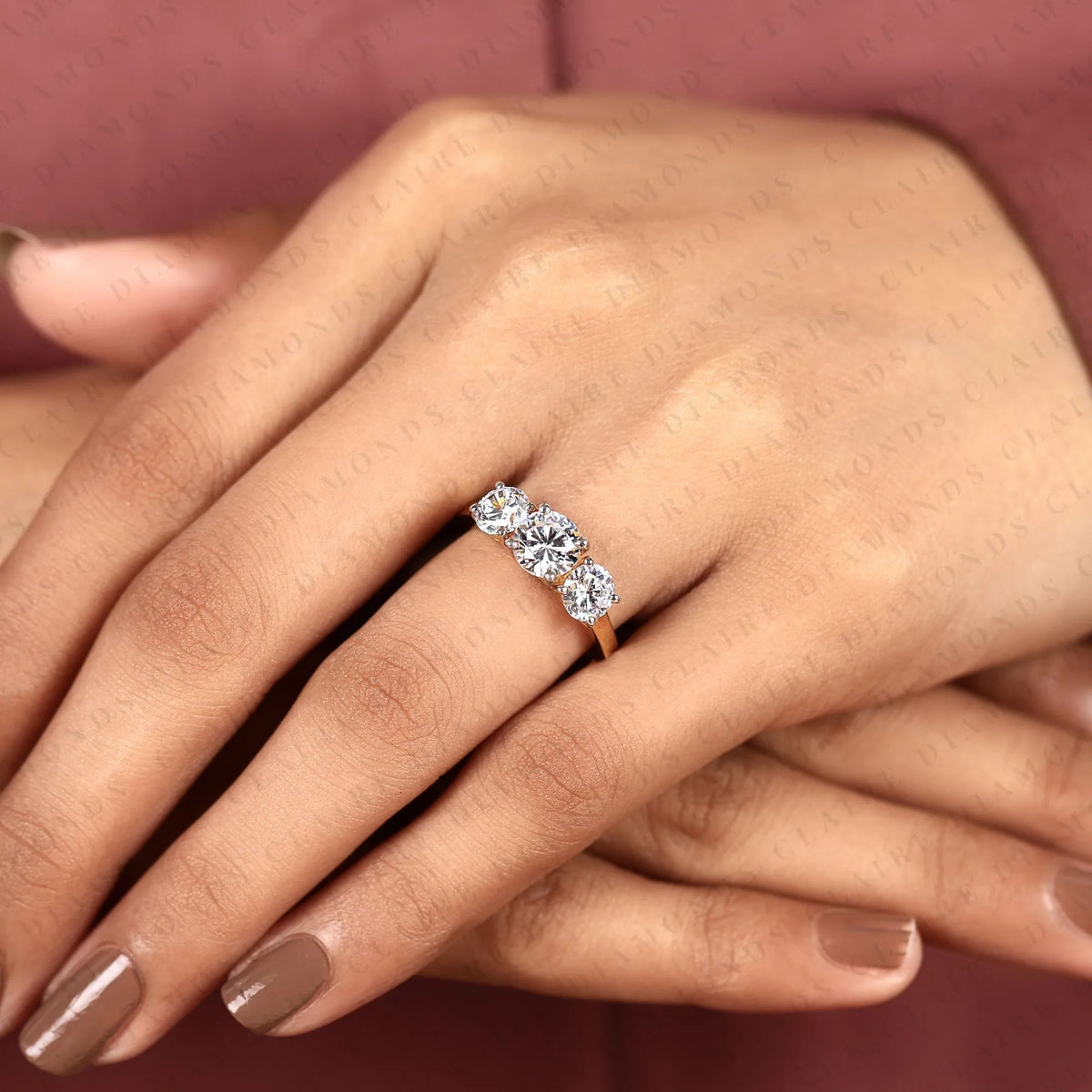 classic round cut lab grown diamond three stone engagement ring | yellow gold bridal ring | elegant wedding jewelry