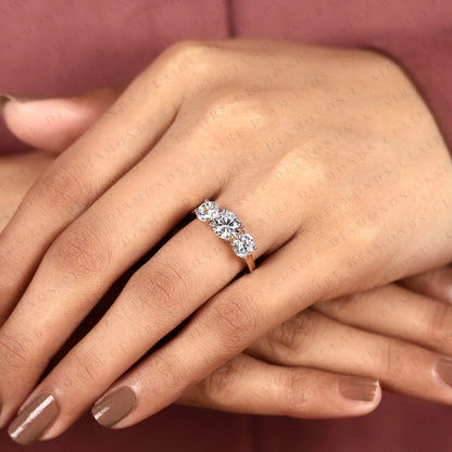 Classic Round Cut Lab Grown Diamond Three Stone Engagement Ring | Yellow Gold Bridal Ring | Elegant Wedding Jewelry