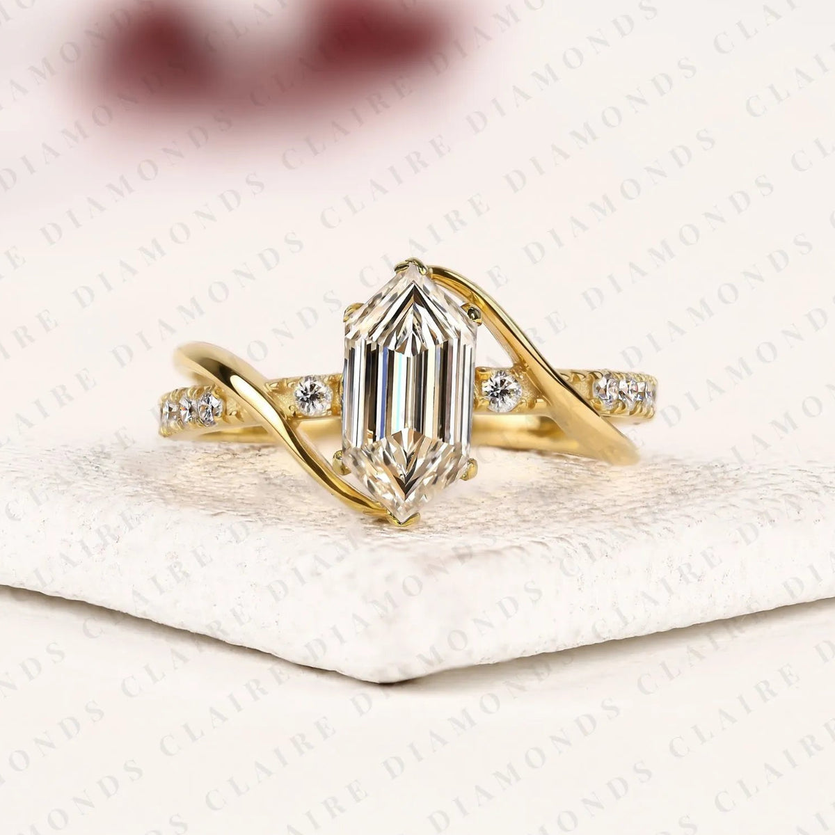 hexagon step cut lab grown diamond engagement ring | yellow gold bypass split shank pavé ring | modern geometric bridal jewelry | unique statement ring