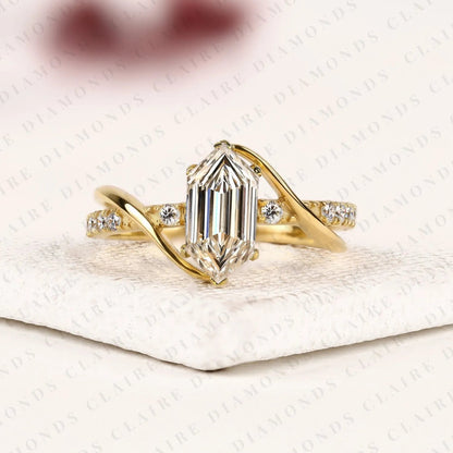 Hexagon Step Cut Lab Grown Diamond Engagement Ring | Yellow Gold Bypass Split Shank Pavé Ring | Modern Geometric Bridal Jewelry | Unique Statement Ring