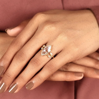 Rose Cut Marquise Lab Grown Diamond Ring, Nature Inspired Leaf Engagement Ring, Unique Ring