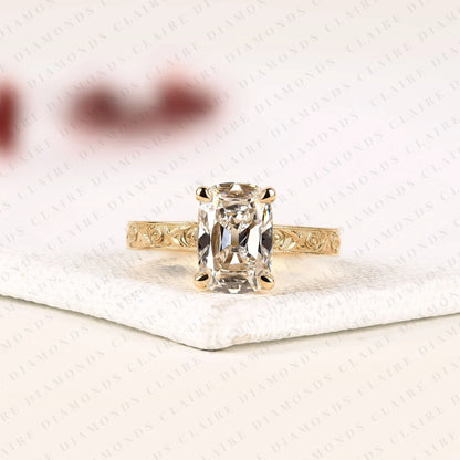 Vintage Old Mine Cushion Cut Solitaire Lab Grown Diamond Ring | Floral Engraved Yellow Gold Engagement Ring
