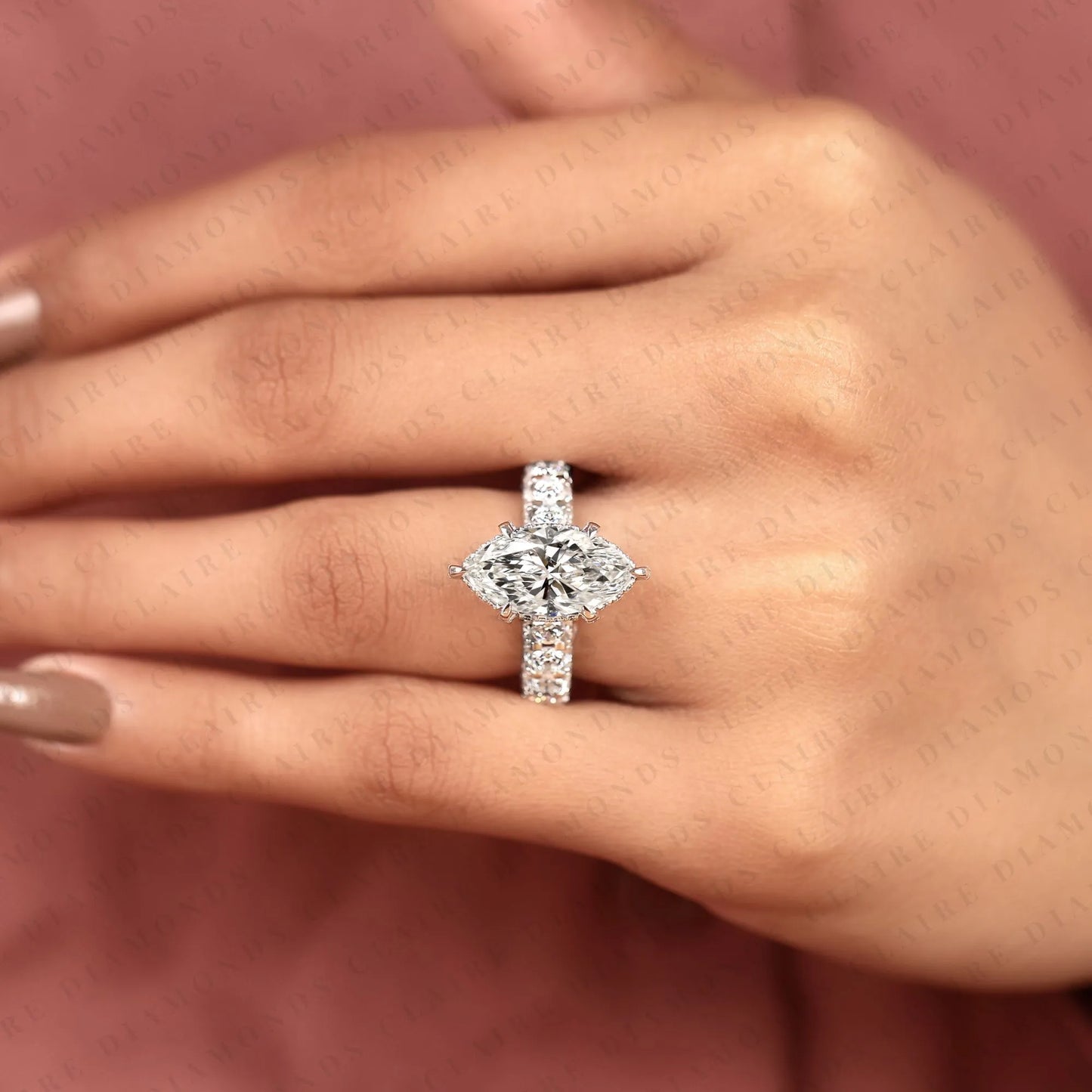 marquise cut lab grown diamond engagement ring, pavé diamond band, elegant white gold bridal ring, unique halo ring