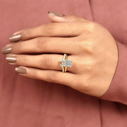 Radiant Cut Moissanite Diamond Bridal Ring Set | Matching Chevron Wedding Band Engagement Ring
