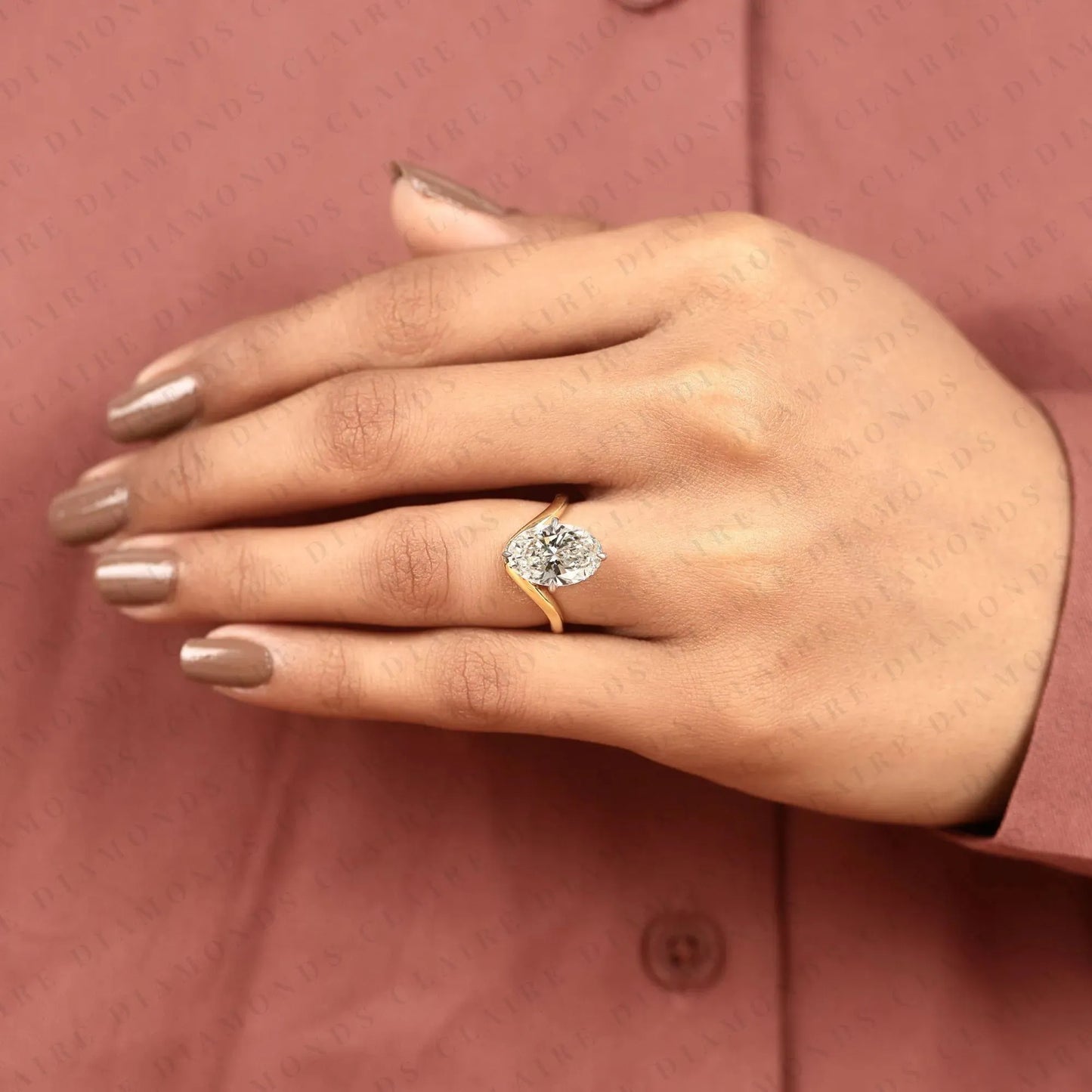 oval cut solitaire lab grown diamonds two tone engagement ring with sculpted gold band – modern elegance redefined