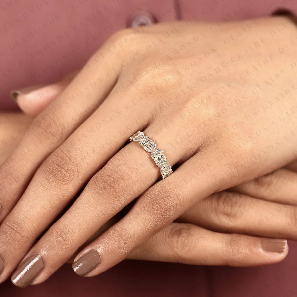 2.76 tcw mixed shape lab grown diamond eternity band | emerald cut, marquise & round diamond floral band | yellow gold full eternity wedding band