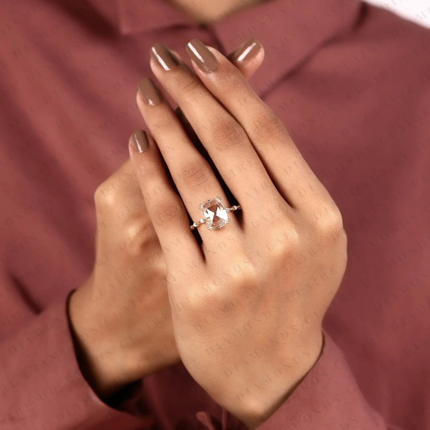 cushion rose cut lab grown diamond engagement ring | yellow gold beaded vine band with four-prong setting