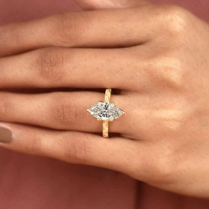 Marquise Cut Lab Grown Diamond Engagement Ring, Vintage Engraved Gold Solitaire Ring, IGI Certified Diamond Ring, Unique Bridal Jewelry