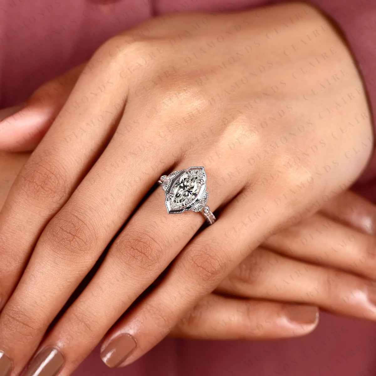 marquise cut lab grown diamond engagement ring | vintage inspired milgrain bezel & engraved white gold ring | floral diamond accent bridal ring